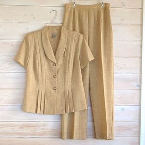 Kim Rogers VTG 90's Pantsuit Sz 6, Light Academia Tan Short Sleeve Blazer Pleats